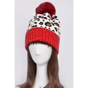 Red Animal Print Pom Pom Beanie